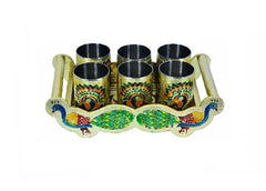 2125 Peacock Design Glass With Handle And Handicraft Serving Tray Set